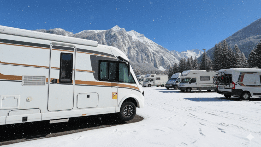 Close-up of a large white motorhome in a snowy parking area, with more campervans and snow-capped mountains visible in the background.