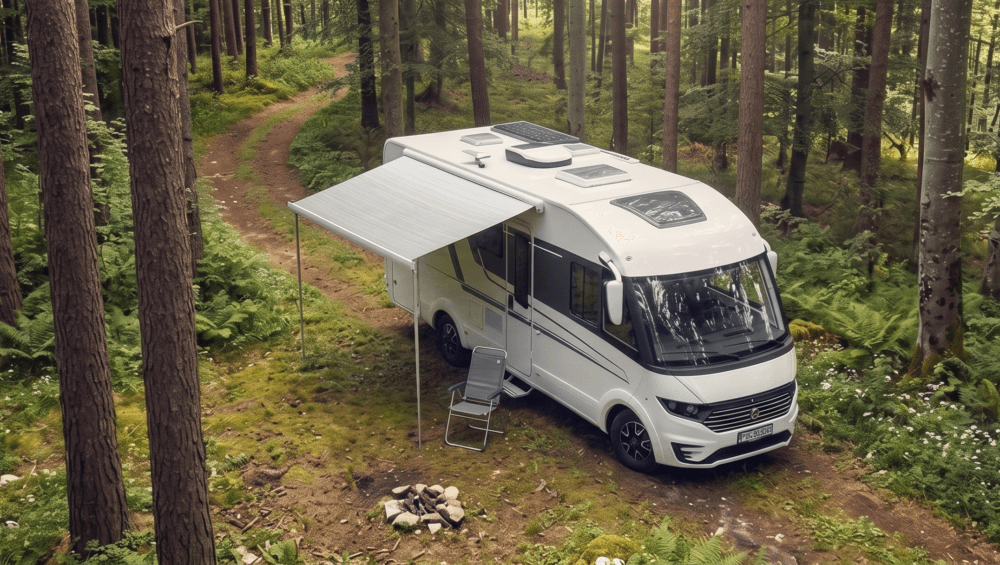 A high-angle shot of a modern, white recreational vehicle (RV) parked on a dirt path in the middle of a dense, lush green forest. The RV has its side awning extended, sheltering a single, empty gray folding chair next to a small rock campfire ring on the mossy ground. Tall pine and deciduous trees with thick foliage surround the clearing, creating a serene, secluded camping atmosphere.