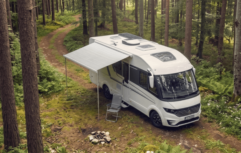 A high-angle shot of a modern, white recreational vehicle (RV) parked on a dirt path in the middle of a dense, lush green forest. The RV has its side awning extended, sheltering a single, empty gray folding chair next to a small rock campfire ring on the mossy ground. Tall pine and deciduous trees with thick foliage surround the clearing, creating a serene, secluded camping atmosphere.