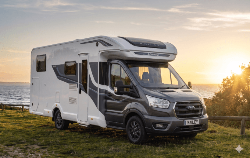 white and grey Ford Bailey Adamo motorhome parked on a grassy clifftop overlooking the sea during a bright sunset. The motorhome is positioned at a three-quarter angle facing right, showing its distinct dark grey front cab with a Ford grille and a British "BAILEY" license plate.